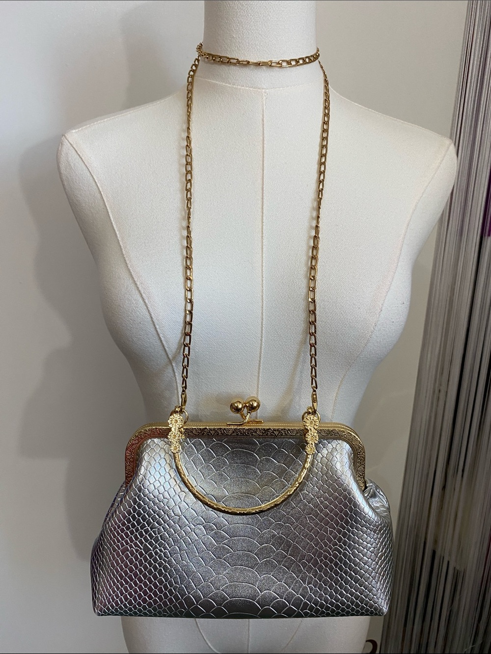 Metallic Silver Kiss Lock Croc Embossed Bag
